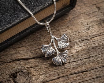 Sterling Silver Ginkgo Leaf pendant, Handmade Botanical Pendant, Three Leaf Nature Jewelry, Ginkgo Biloba Gift for Her, Silver Plant Charm