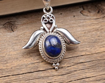 Lapis Lazuli Engel Flügel Halskette, Sterling Silber Engel Anhänger, Blauer Edelstein spiritueller Schmuck, Lapis Anhänger