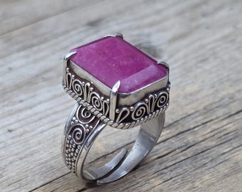 Sterling Silver Ruby Ring | Handcrafted 925 Silver Boho Ring | Large Rectangle Ruby Gemstone | Vintage Scrollwork Design