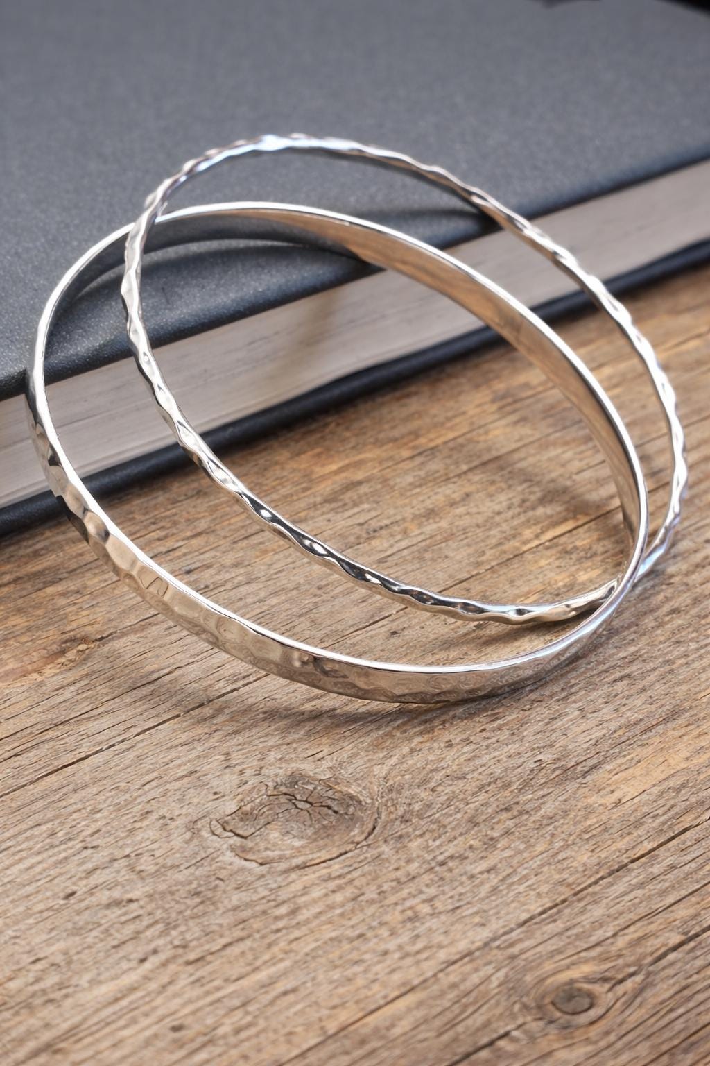 5mm Sterling Silver Double Bangle Bracelet, Hammered Textured