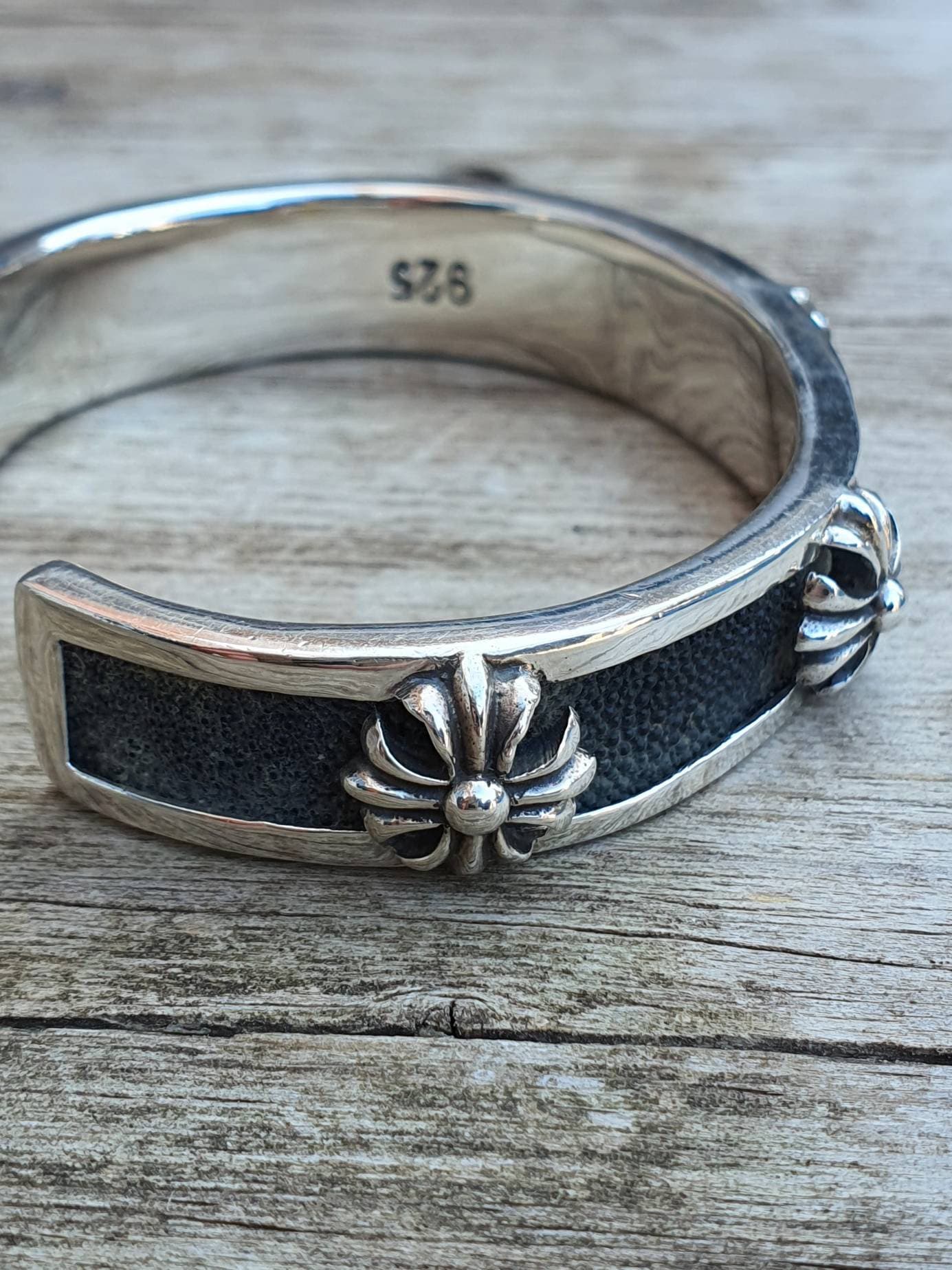 Leather Chrome Cross Cuff Bangle,925 Sterling Silver Bangle