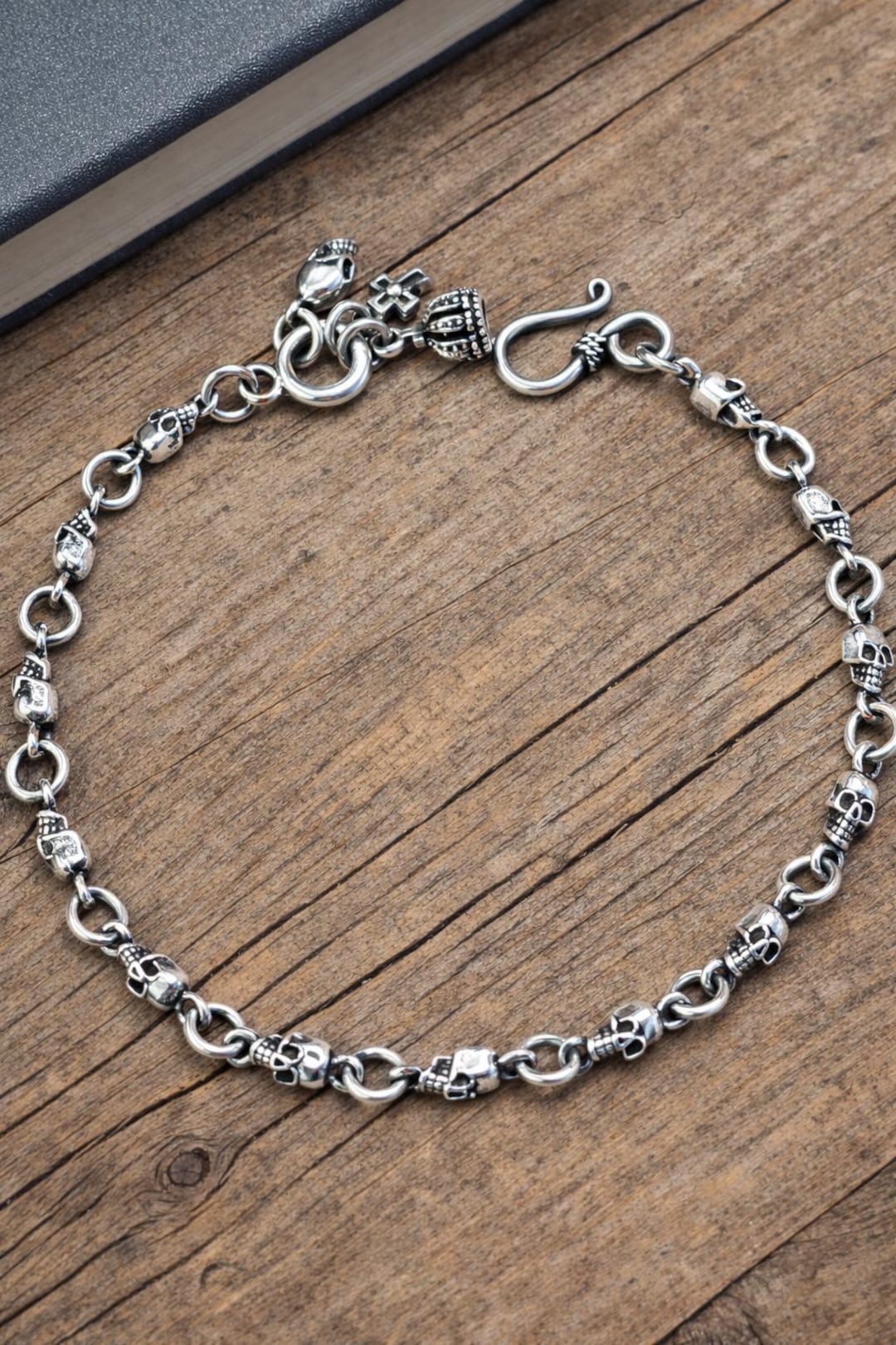 Sterling Silver Skull Bracelet, 925 Silver Gothic Skull Chain