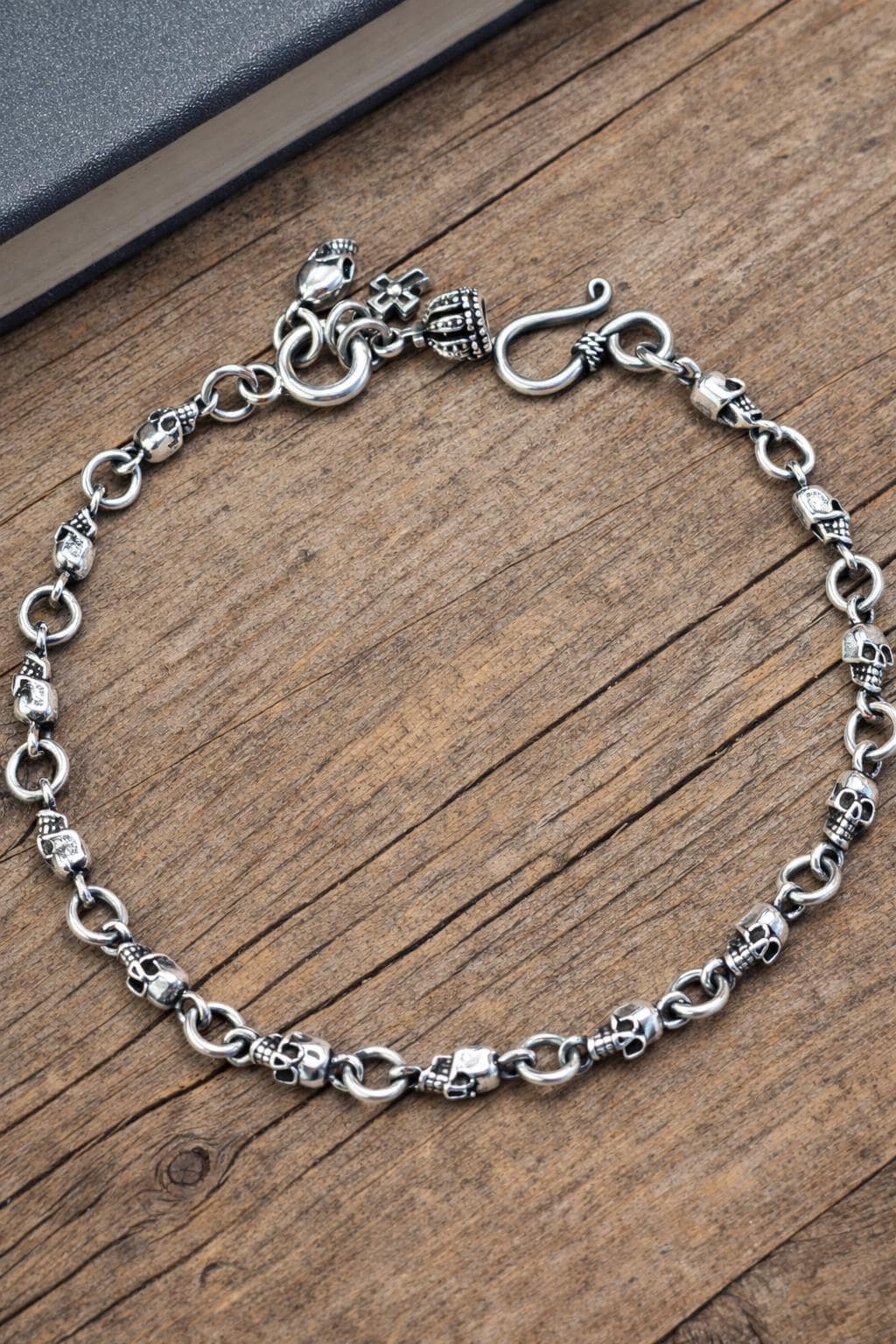 Sterling Silver Skull Bracelet, 925 Silver Gothic Skull Chain