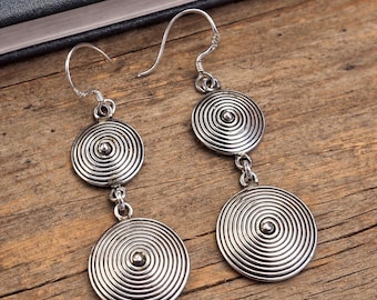 925 Sterling Silver Spiral Dangle Earrings, Double Disc Drop Earrings, Minimalist Boho Jewelry, Textured Circle Earrings
