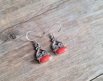 Italian Coral boho earring, 925 sterling silver earring, women earring, red coral earring, boho earring, women earring