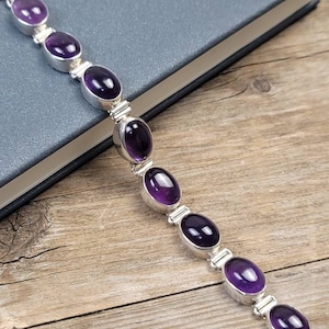 Pulseira cabochão de ametista, pulseira de prata esterlina 925, pulseira de prata, pulseira de ametista, ametista