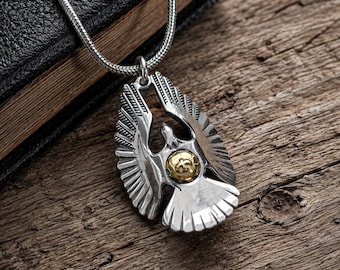 Massiver Sterling Silber Adler Anhänger, 925er Silber Adler Anhänger, zweifarbiger Vogel Schmuck, handgefertigter Herren Silberanhänger, Adler Charm Geschenk