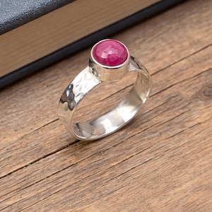 925 Sterling Silver Ruby Ring | Natural Ruby Gemstone Ring | Handmade Hammered Silver Band | July Birthstone Jewelry