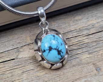 Tibetan Turquoise Pendant | Natural Blue Gemstone Necklace | Sterling Silver Boho Jewelry | Handmade Gift for Him or Her