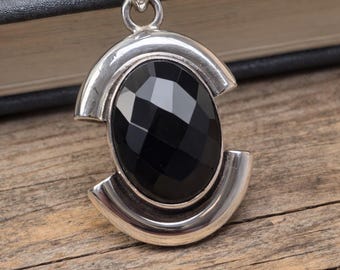 Black Onyx Pendant Sterling Silver Pendant, Faceted Black Gemstone Pendant, Boho Statement Jewelry, Gothic Silver Pendant