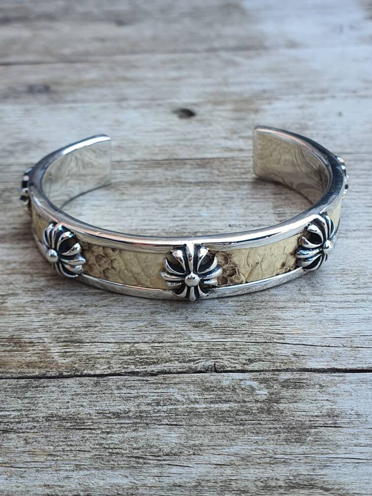 アクセサリー 2000s Antique Cross Silver Bangle Leather Chrome Cross Cuff Bangle,925 Sterling Silver Bangle