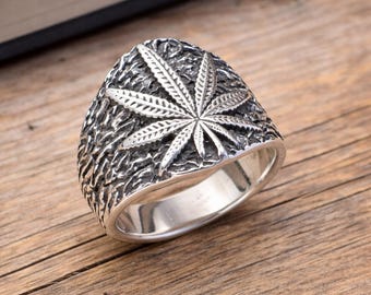 Anillo de hoja de marihuana en plata de ley 925 / Anillo botánico / Anillo de plata hecho a mano inspirado en la naturaleza / Joyería artesanal unisex