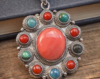 Vintage 925 Sterling Silver Coral & Turquoise Pendant Necklace | Southwestern Boho Statement Jewelry | Artisan Tribal Style