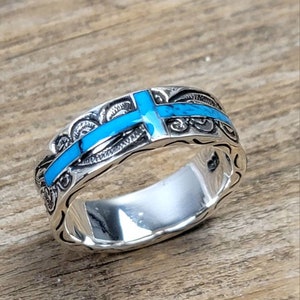 Turquoise floral cross band ring, 925 sterling silver ring, silver ring, cross ring, unisex ring, stackable ring