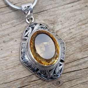 Floral Diamond bezel Citrine Pendant , 925 sterling silver pendant , citrine pendant, citrine jewelry, large silver pendant