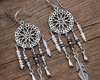 925 Sterling Silver Dreamcatcher Earrings with Pearls, Feather Dangle Earrings, Boho Statement Jewelry, Gift for Her