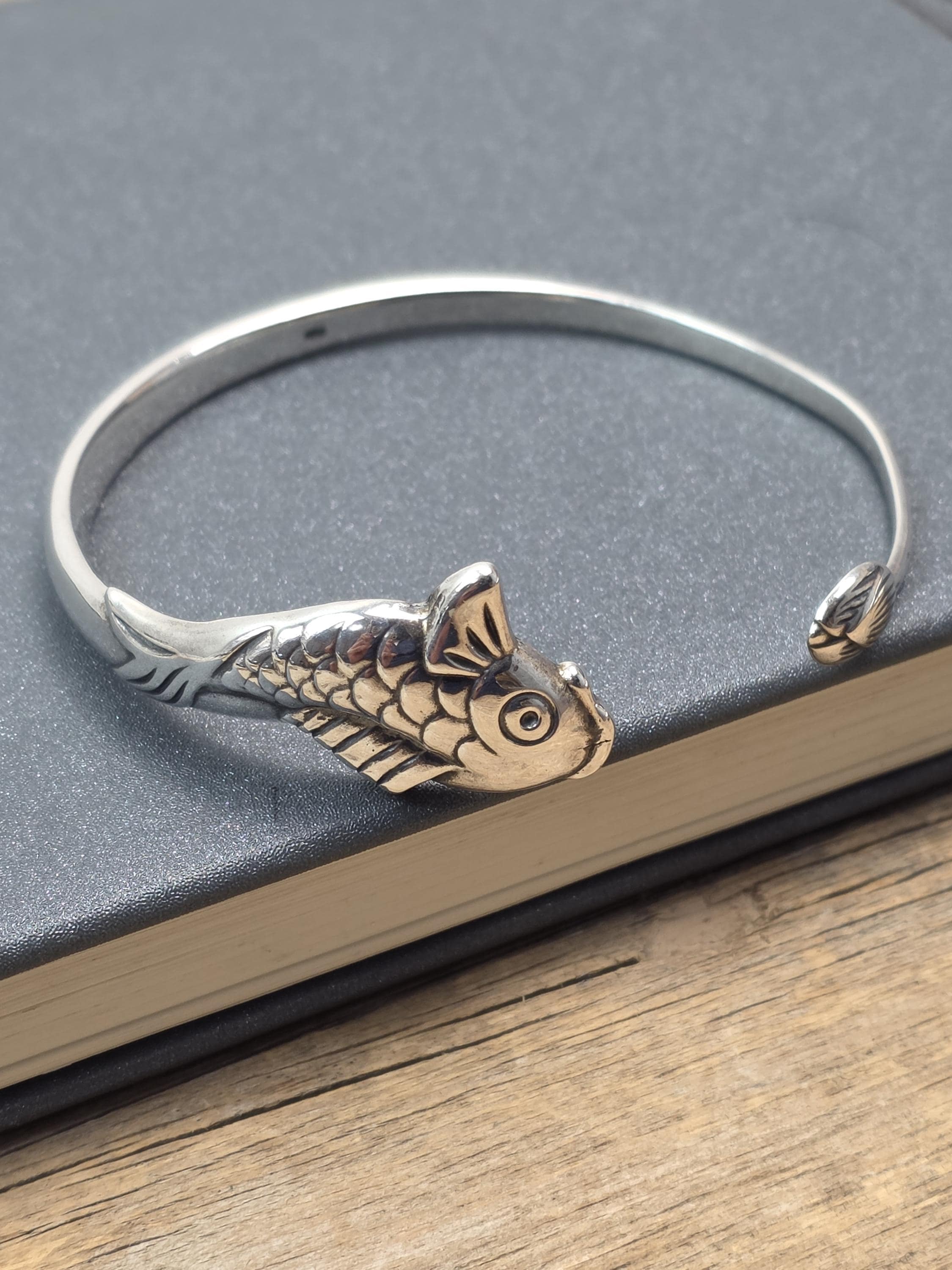 925 Sterling Silver Koi Fish Cuff Bracelet , Symbol of Strength