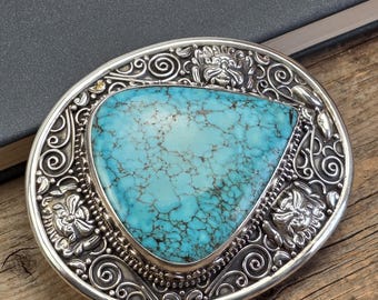 Turquoise Belt Buckle in 925 Sterling Silver – Handmade Boho Western Vintage Artisan Statement Buckle, Unisex vintage design buckle