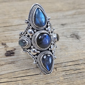 Five Labradorite cluster ring, 925 sterling silver ring, labradorite ring, labradorite jewelry,silver jewelry ring,boho jewelry, large ring