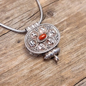 Antique Design Coral Tibetan Gau Pendant,Om Mani Padme Hum mantra Script, Tibetan Box Pendant, Buddhism Jewelry, Meditation jewelry