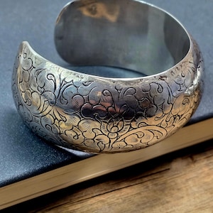 30mm Handmade Hollow 925 Sterling Silver Floral Cuff Bracelet – Vintage Engraved Boho Jewelry,Bohemian Stackable Bangle