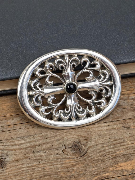 925 Sterling Silver Onyx Belt Buckle , Solid 925 Silver Filigree Cross Design, Vintage Style Gothic Western Black Onyx Statement Buckle