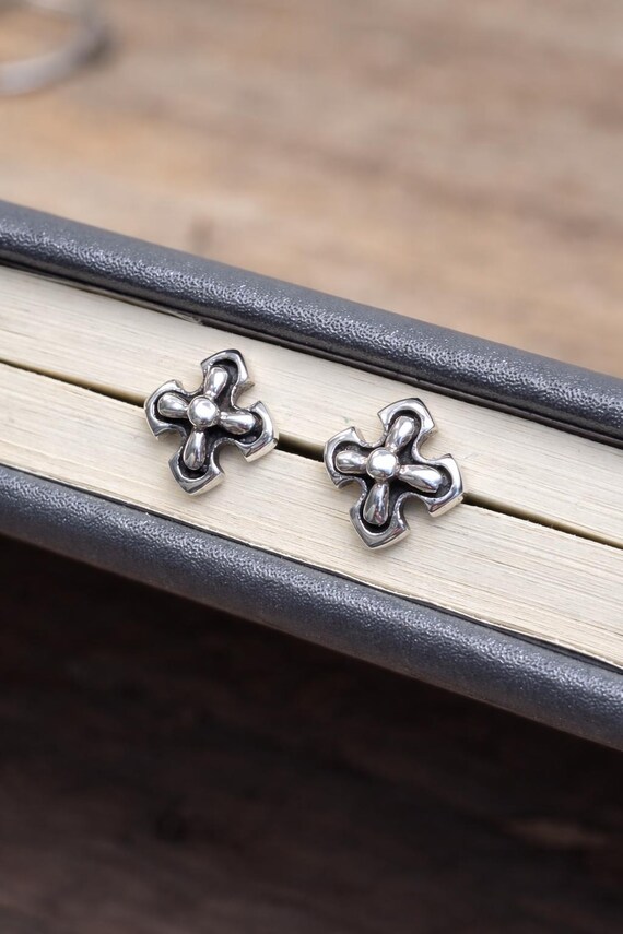 Sterling Silver Cross Stud Earrings, Gothic Unisex Studs, Oxidized