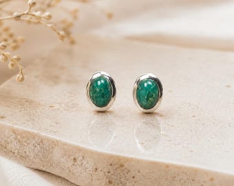 Sterling Silver Emerald Stud Earrings, Green Gemstone Earrings, Oval Emerald Studs, Minimalist Silver Earrings, Emerald Jewelry Gift