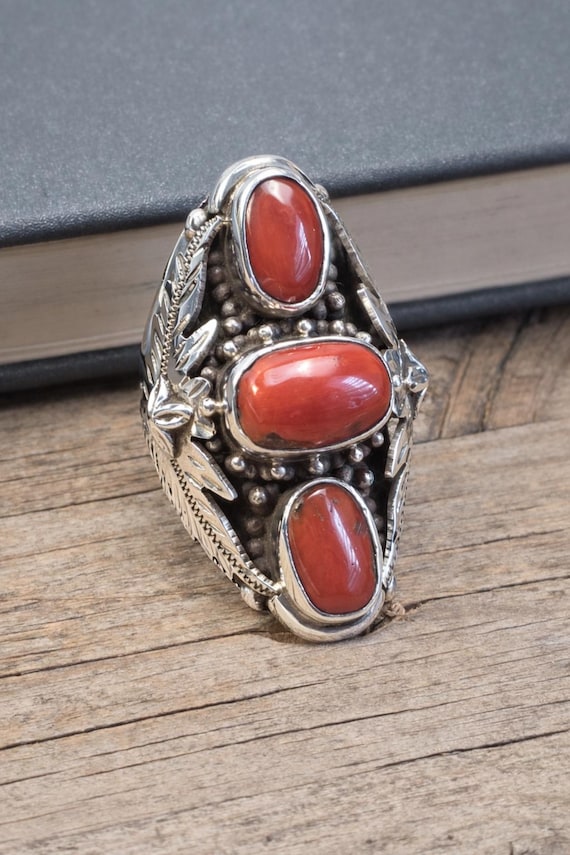 Natural Italian Coral Floral Leaf Ring, 925 Sterling Silver Ring