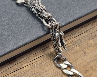 Pulsera de cadena con doble cabeza de dragón de 10 mm, plata de ley 925, joyería unisex, regalo de aniversario, pulsera de cadena, pulsera de dragón