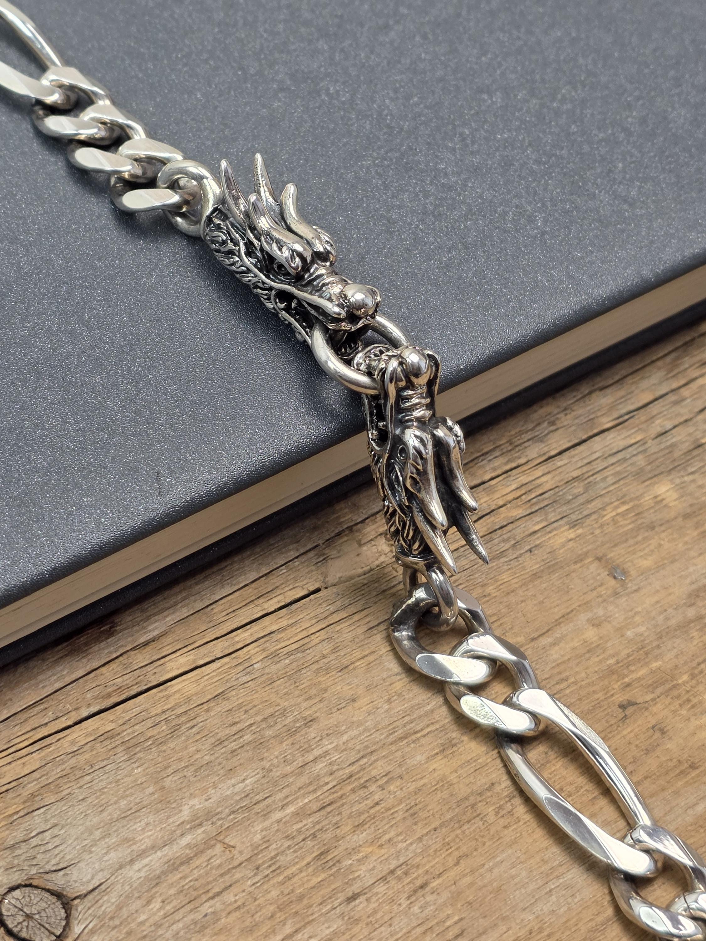 10mm Double Dragon Head Link Chain Bracelet, 925 Sterling Silver