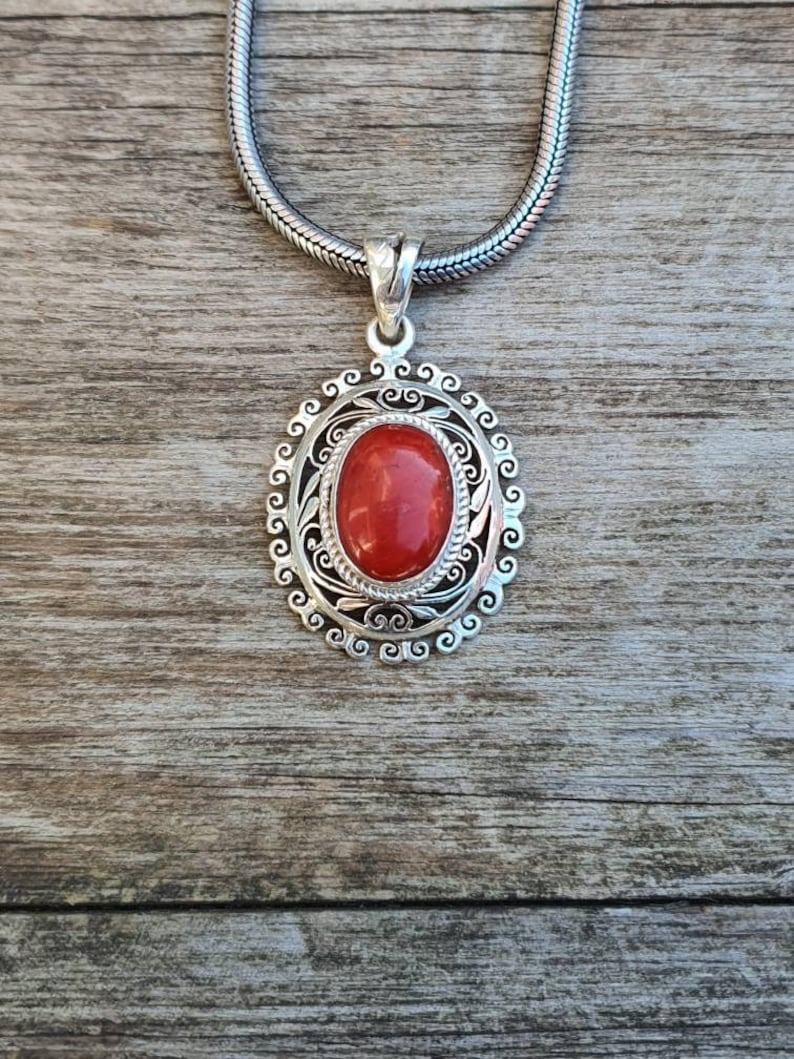Natural Italian Coral Floral Bezel Pendant 925 sterling silver