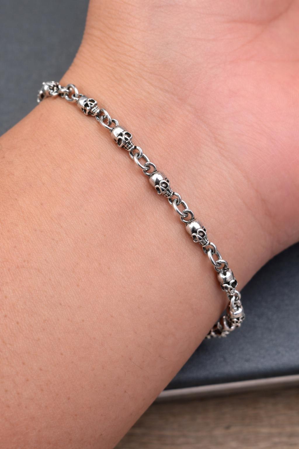 Sterling Silver Skull Bracelet, 925 Silver Gothic Skull Chain