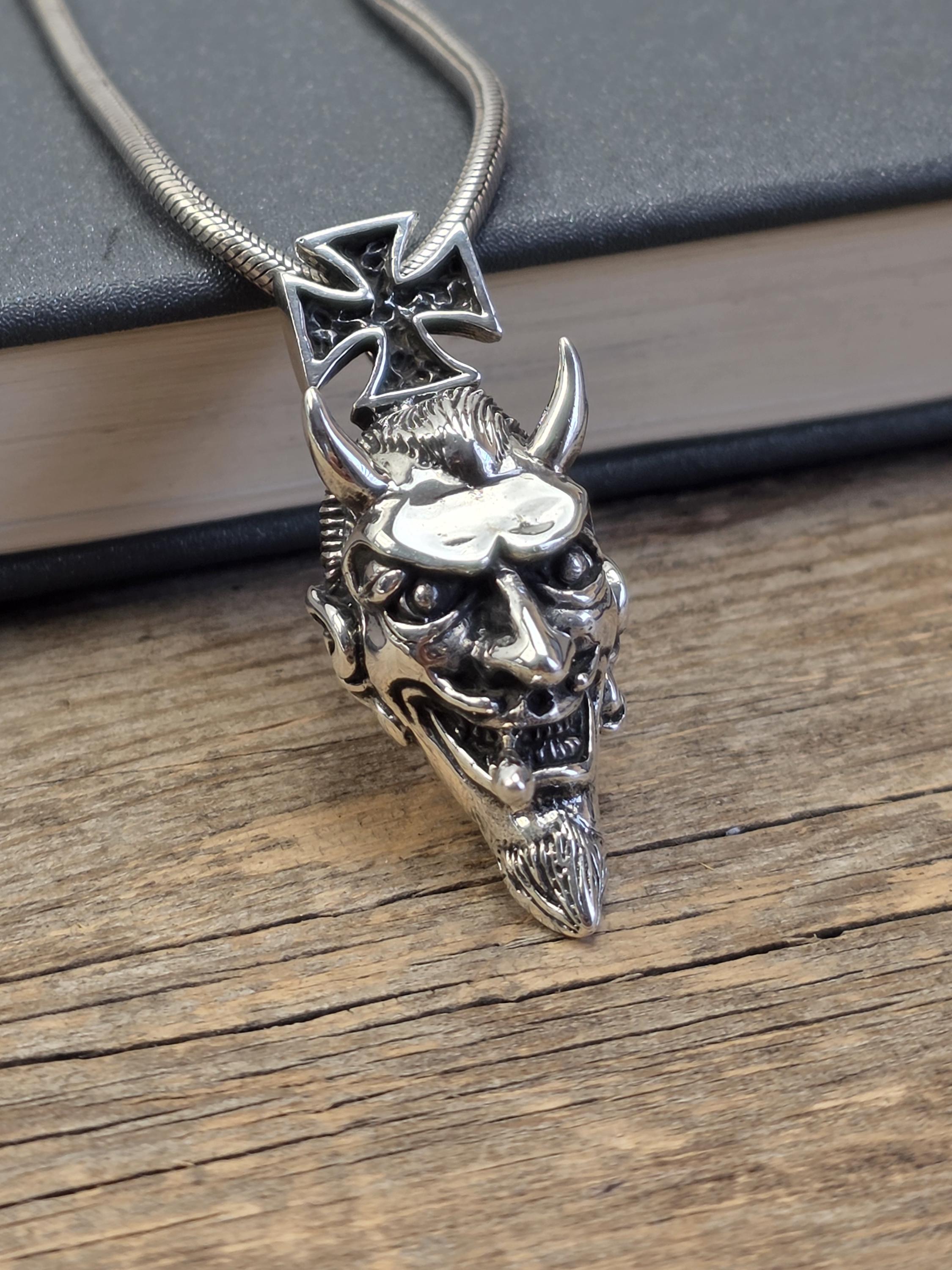 925 Sterling Silver Devil Cross Pendant, Horned Skull Pendant