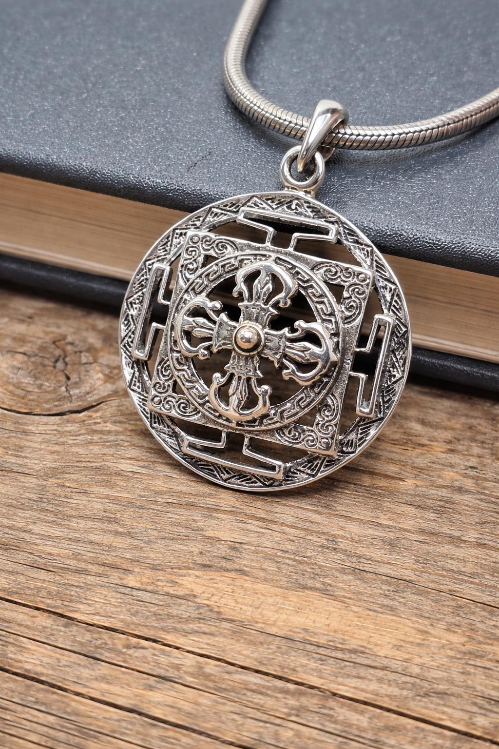 Double Vajra Pendant Necklace –925 Sterling Silver Kalachakra