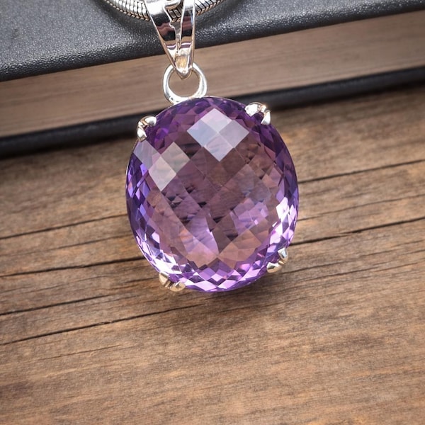 21 Ct Amethyst Pendant Necklace Sterling Silver | Large Amethyst Gemstone Statement Necklace | February Birthstone Gift for Her