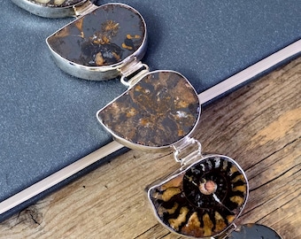 Pulseira de Fóssil de Amonita, Pulseira de Prata de Lei com Gema, Joia de Fóssil Natural, Pulseira Boho Marcante, Presente Exclusivo para Ela