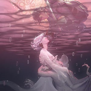 Può includere: Illustrazione di arte digitale di una scena fantasy. Una figura in armatura tiene una spada sopra un'altra, abbracciata da una creatura alata. Lo sfondo presenta un disegno a vetrata, con tonalità rosa e viola.