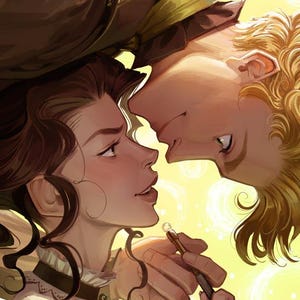 May include: Digital illustration of two people in a romantic embrace, faces close together. The woman has dark hair and is wearing a light-colored dress. The man has blond hair and is wearing a brown jacket. A pen is held between them. The background is yellow.