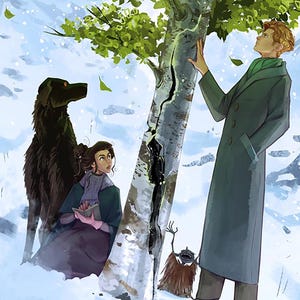 May include: A snowy landscape with a tall tree, a woman holding a book, a black dog, and a small creature with antlers. The woman is wearing a green coat and a purple dress. The dog is standing next to the woman. The creature is standing in front of the tree. The tree has a crack down the middle.