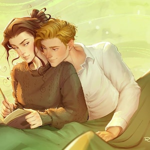 May include: A couple sitting together, the woman is writing in a book while the man rests his head on her shoulder. They are surrounded by a soft, green and yellow background.