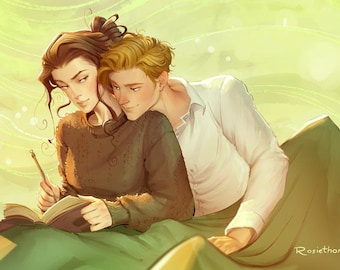 Puede incluir: Una pareja sentada junta, la mujer está escribiendo en un libro mientras el hombre apoya la cabeza en su hombro. Están rodeados de un fondo suave, verde y amarillo.