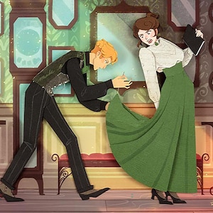 May include: A man in a green vest and black pants is sewing a green dress on a woman in a white blouse and green skirt. The woman is holding a book in her right hand. The scene is set in a room with a patterned wallpaper and mirrors.