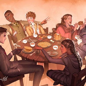 May include: Illustration of a group of people gathered around a wooden table, enjoying a meal of waffles, pancakes, and tea. The artwork has a warm color palette and depicts a social gathering.