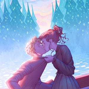 May include: Digital illustration of a couple kissing in a boat, with a backdrop of stylized blue trees and a pastel sky. The artwork has a romantic theme, with soft colors and a dreamy atmosphere. The artist's signature is visible at the bottom.