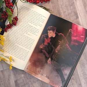 Peut inclure: Un livre ouvert présentant une page de texte imprimé et une illustration couleur pleine page de deux personnages dans une scène sombre et dramatique. L'illustration montre une personne aux cheveux foncés tenant une autre personne.