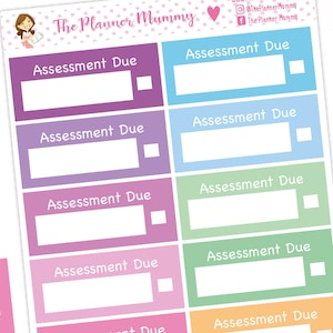 Puede incluir: Un conjunto de pegatinas de planificador imprimibles con un degradado rosa, morado, azul, verde y amarillo. Las pegatinas están etiquetadas como "Assessment Due" y tienen un espacio en blanco para escribir la fecha. Las pegatinas están diseñadas para su uso en un planificador o diario.