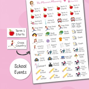 May include: A sheet of planner stickers with various school-related icons and text, including "Term 1 Starts," "Cross Country," and "School Events." The stickers feature illustrations of apples, children, and school activities. The Planner Mummy logo is visible.
