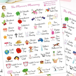 40 x Annual Public Australian or USA Holiday Easter Christmas Season Winter Summer Reminder Stickers Planner Diary Calendar image 1