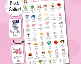 40 x Annual Public Australian or USA Holiday Easter Christmas Season Winter Summer Reminder Stickers Planner Diary Calendar